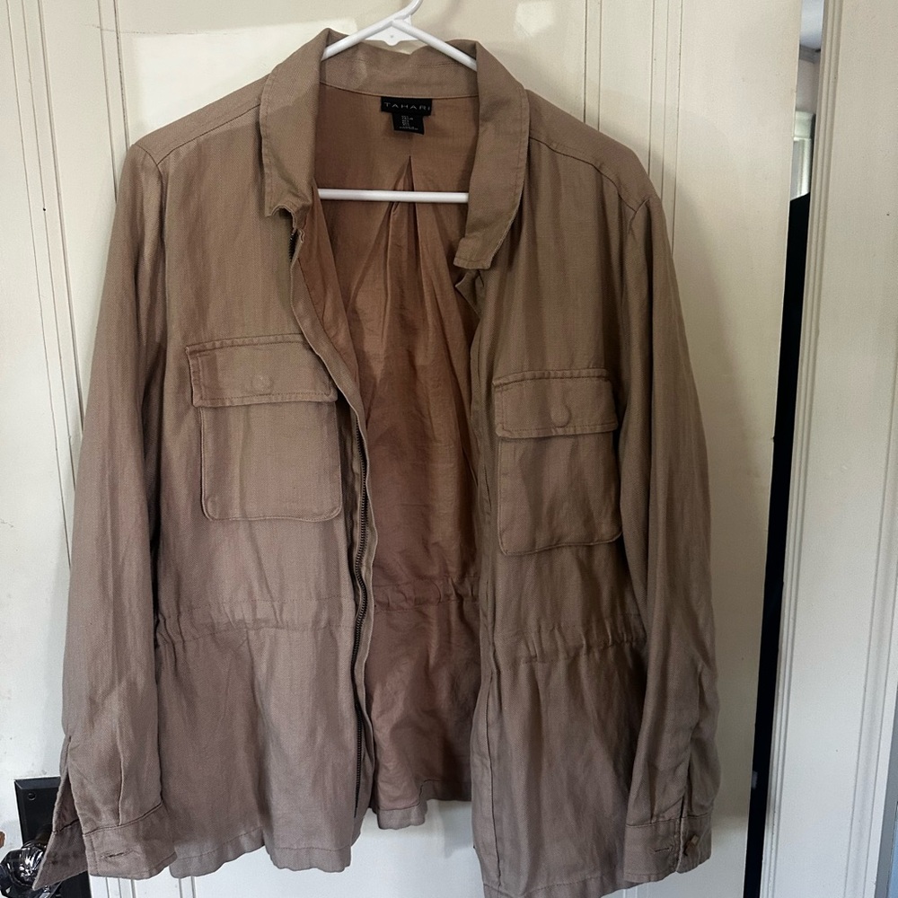 Tahari Military-Style Field Jacket in Taupe Brown with Adjustable Cinch Waist